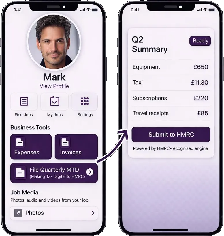 Azawa app screens showing profile and Q2 MTD summary